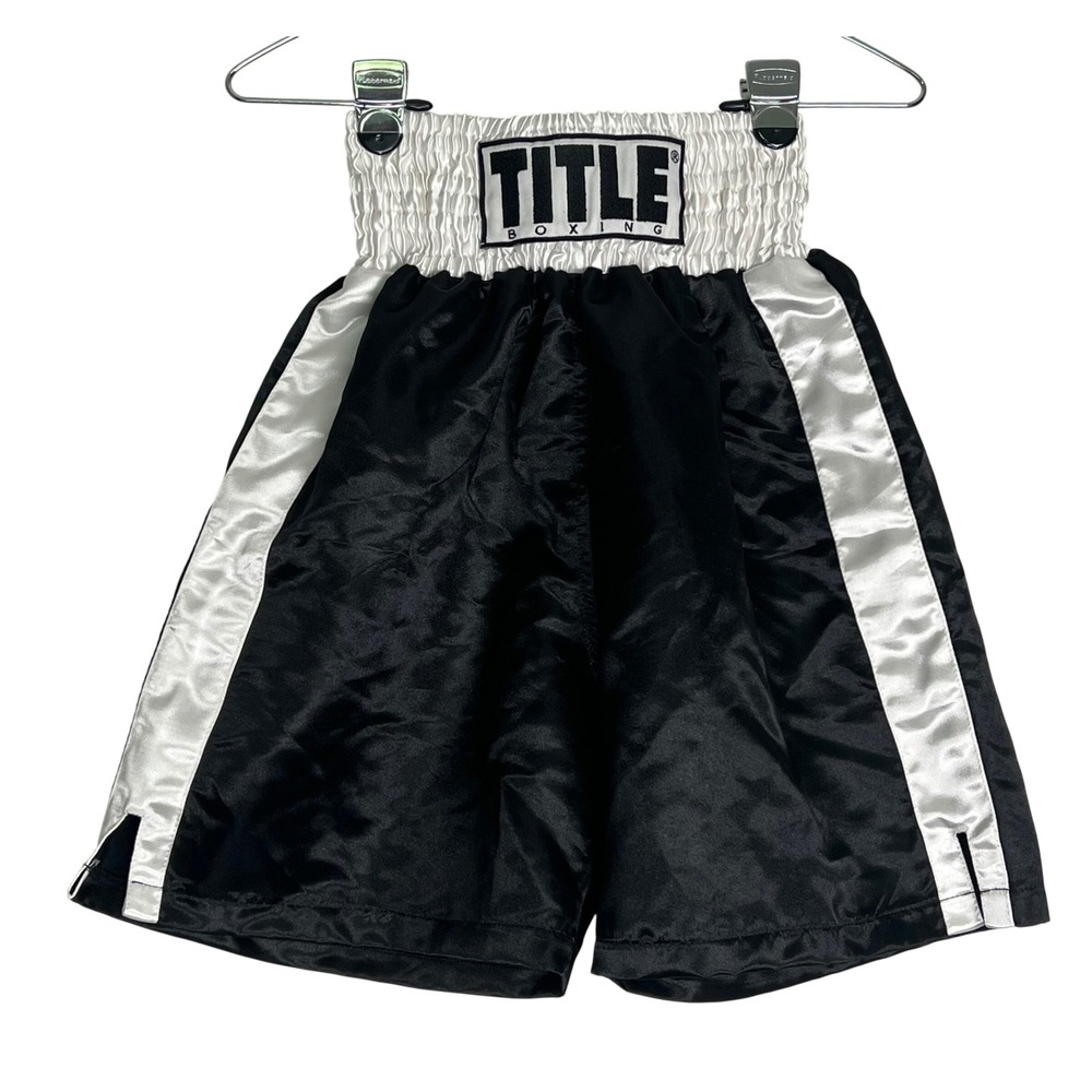 Title Boxing Youth Large Black White Satin Boxing Trunks‎ Shorts YL Drawstring